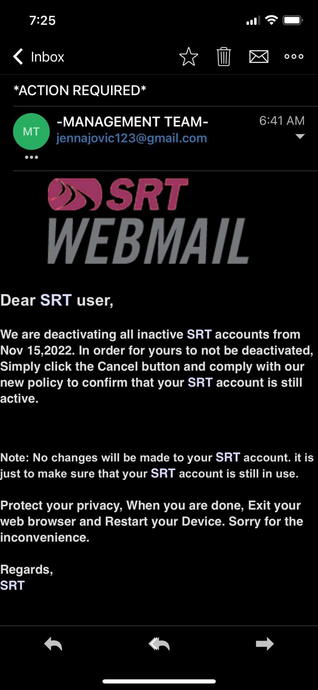 an example of a phishing email to SRT customers